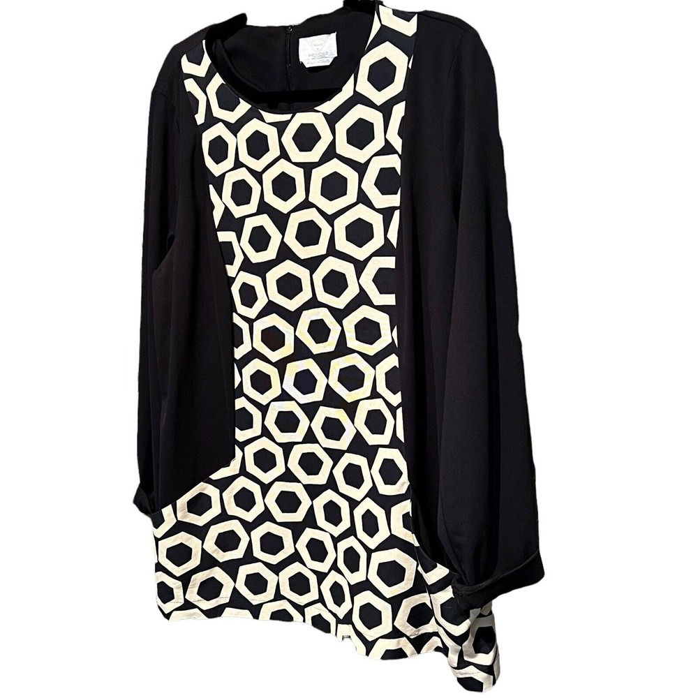 VOYAGE Marina Rinaldi Tunic Top Black White Geometric Print Pockets Art to Wear - Picture 5 of 11